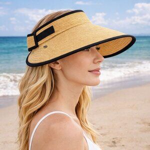 Wide Brim Straw Sun Visor Hat Adjustable Packable Roll Up Womens HBY Miami